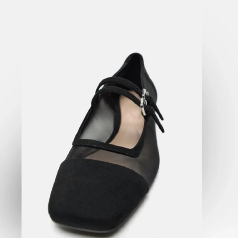 Zara Black Mesh Squared Toe Block Heeled Mary Jane’s Sz 37 (6.5)